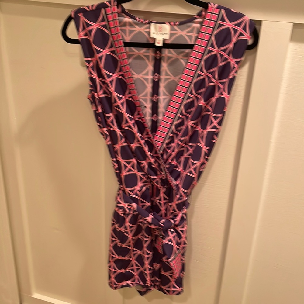 Julie Brown stretch navy and pink romper